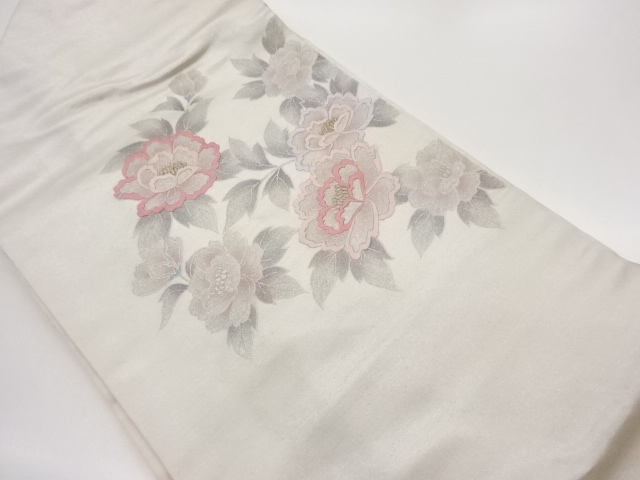 JAPANESE KIMONO / SILVER PEONY EMBROIDERY NAGOYA OBI